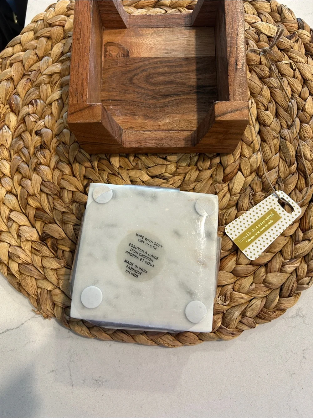 Source Unknown White Marble Coaster Set with Wooden Holder